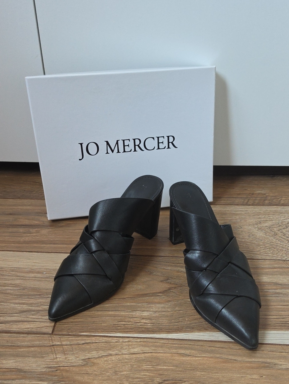 JO MERCER Leather Mule Heels, Woven Shoes Black
